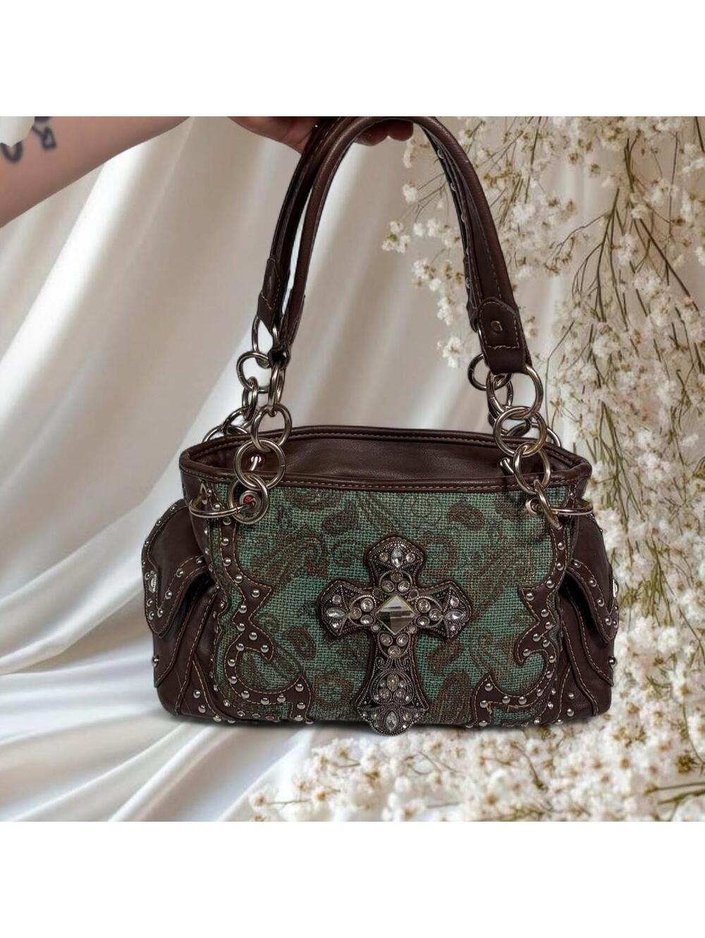MONTANA WEST STUDDED CROSS WESTERN SHOULDER BAG BROWN GREEN